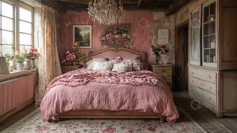 高清大图下载【趣麦麦图】粉色床头木桌花饰3