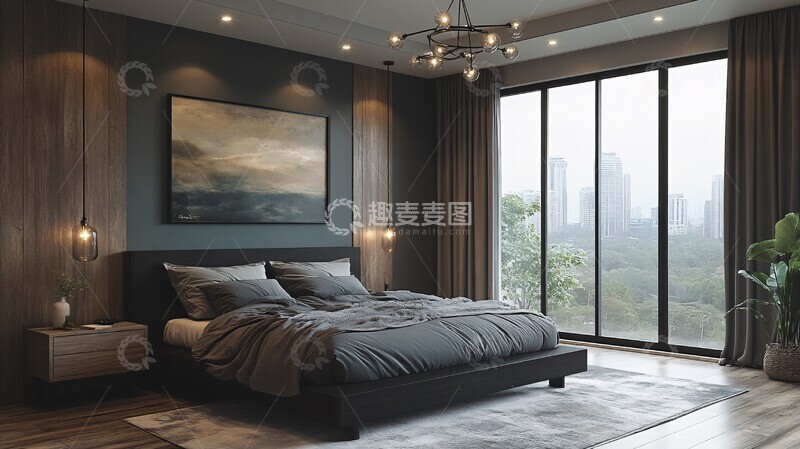 高清大图下载【趣麦麦图】-黑色床木质床头柜