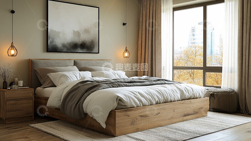 高清大图下载【趣麦麦图】灰色床铺木质床头6