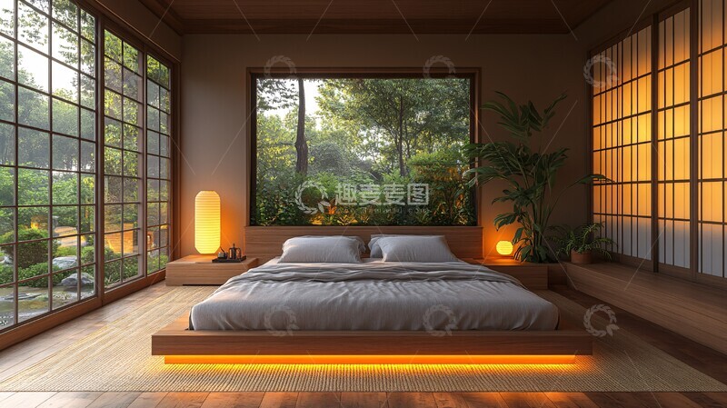 高清大图下载【趣麦麦图】榻榻米床与纸灯1