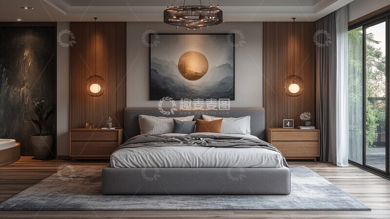 高清大图下载【趣麦麦图】灰色木床简约卧室3