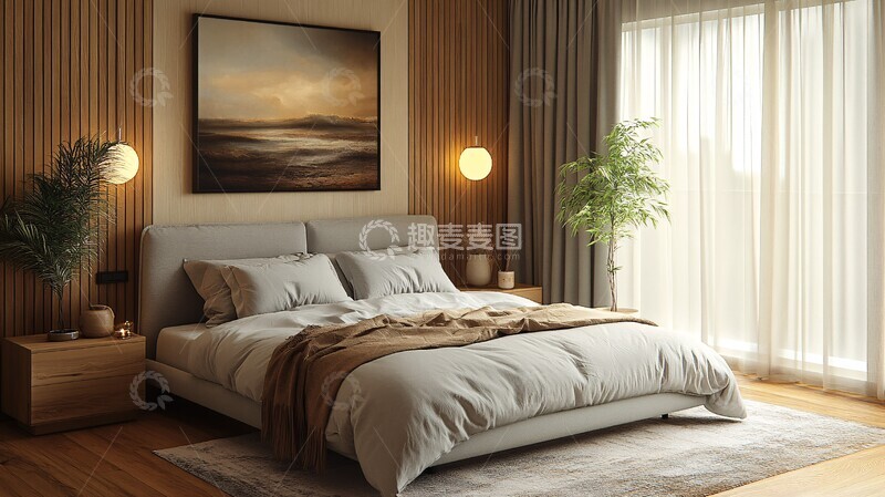 高清大图下载【趣麦麦图】灰色床铺木质床头4