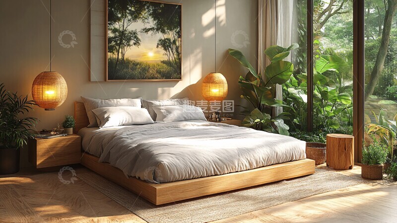 高清大图下载【趣麦麦图】木质床头与灰床1