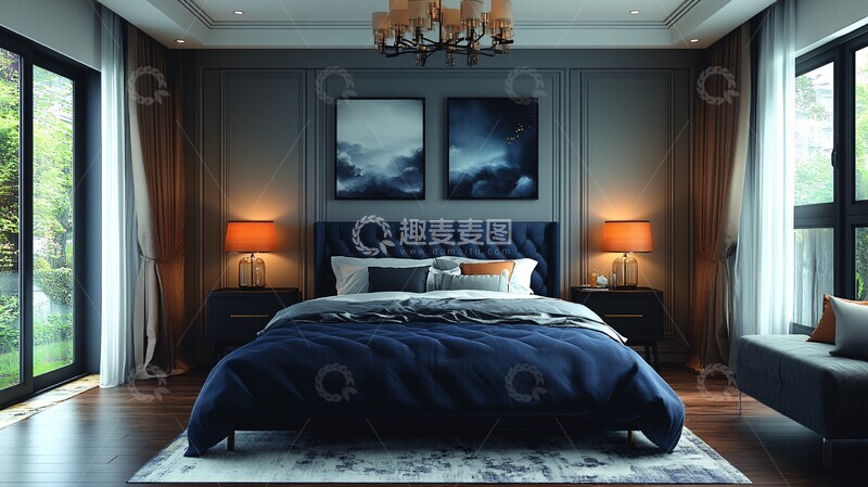 高清大图下载【趣麦麦图】蓝色床黑色床头柜1