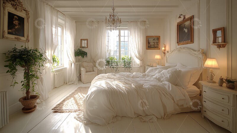 高清大图下载【趣麦麦图】白色床与雕刻床头柜2