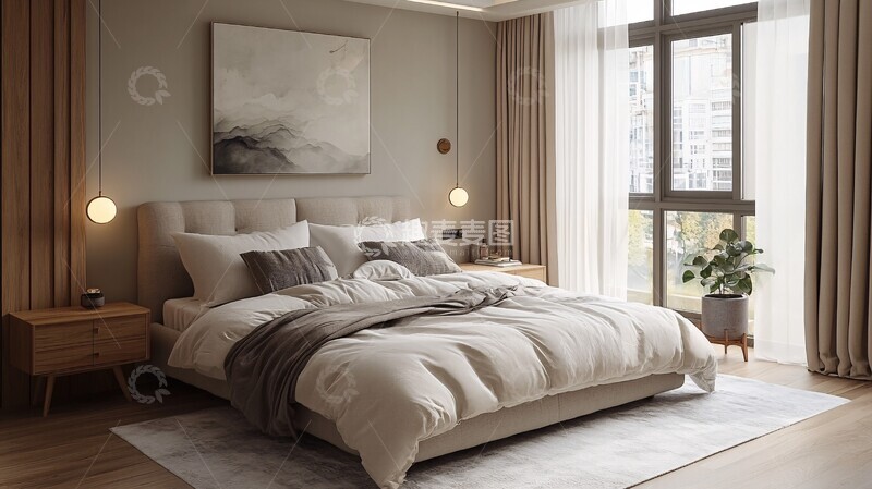 高清大图下载【趣麦麦图】灰色床铺木质床头5