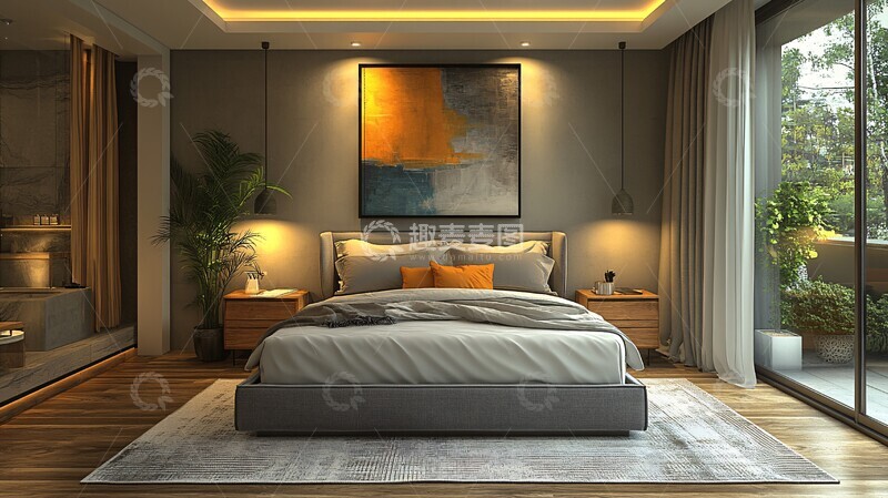 高清大图下载【趣麦麦图】灰色木床简约卧室1