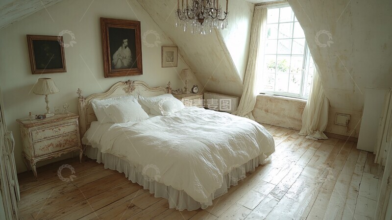 高清大图下载【趣麦麦图】白色床与雕刻床头柜