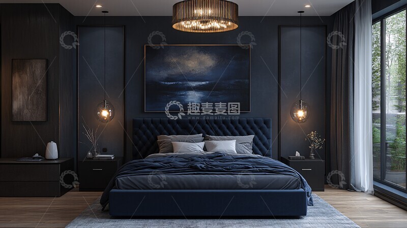 高清大图下载【趣麦麦图】蓝色床黑色床头柜