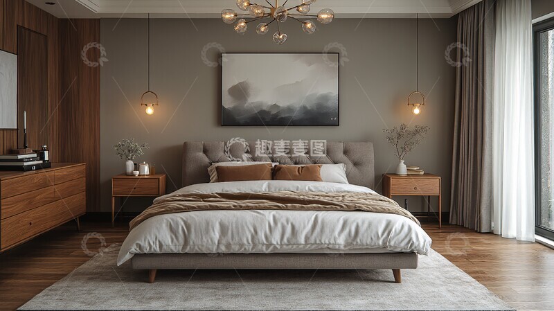 高清大图下载【趣麦麦图】灰色木床简约卧室