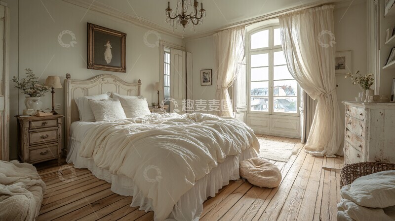 高清大图下载【趣麦麦图】白色床与雕刻床头柜1