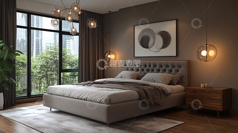 高清大图下载【趣麦麦图】灰色床木质卧室1