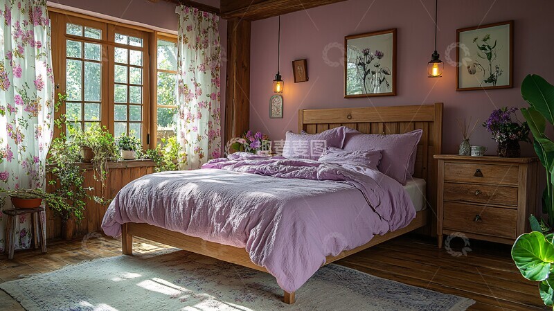 高清大图下载【趣麦麦图】紫色床铺木质床头2
