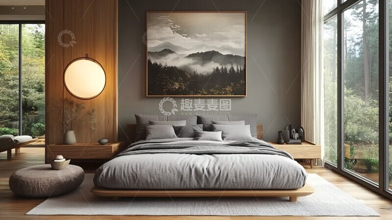 高清大图下载【趣麦麦图】灰色床木质床头柜9