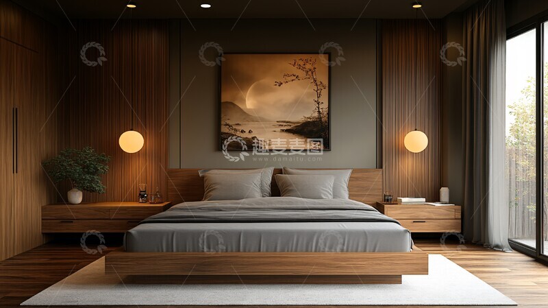 高清大图下载【趣麦麦图】灰色床木质床头柜10