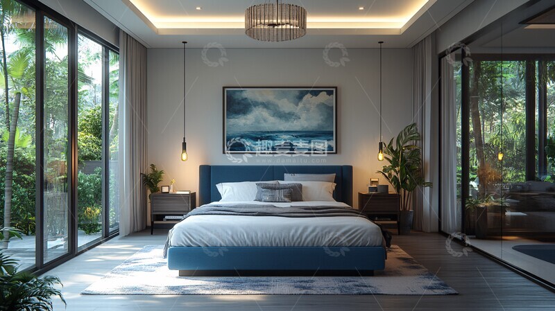 高清大图下载【趣麦麦图】蓝床木地板简约卧室