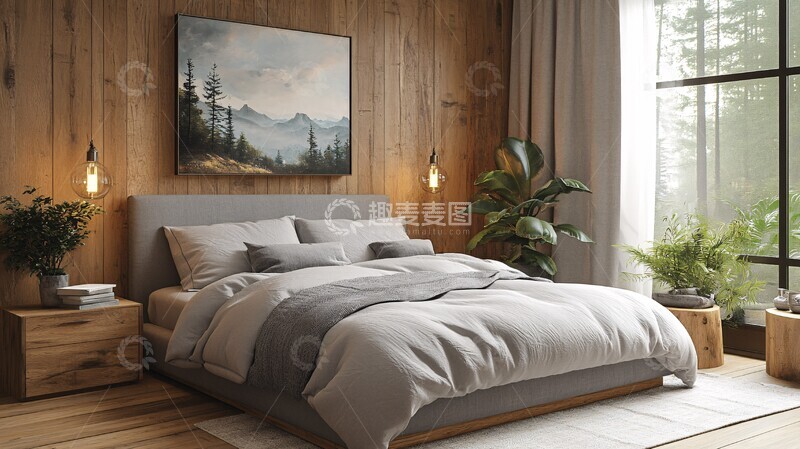 高清大图下载【趣麦麦图】木质床头与灰床