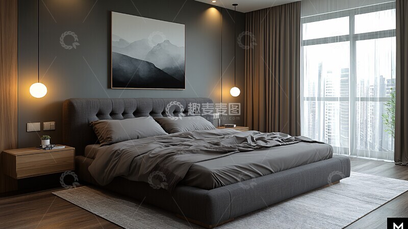 高清大图下载【趣麦麦图】黑色木床简约空间3