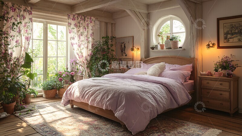 高清大图下载【趣麦麦图】紫色床铺木质床头3