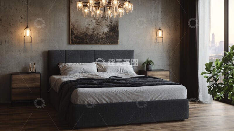 高清大图下载【趣麦麦图】灰色床木质卧室3