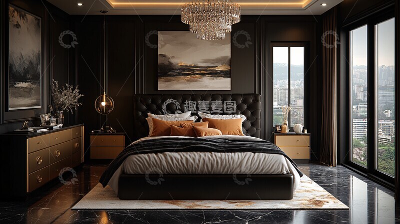 高清大图下载【趣麦麦图】黑色床铺金色床头柜