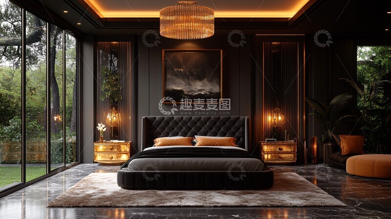 高清大图下载【趣麦麦图】黑色床铺金色床头柜3