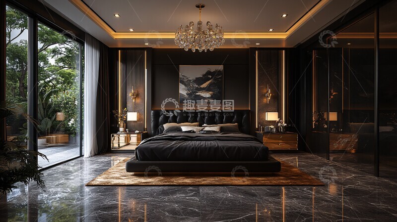 高清大图下载【趣麦麦图】黑色床铺金色床头柜2