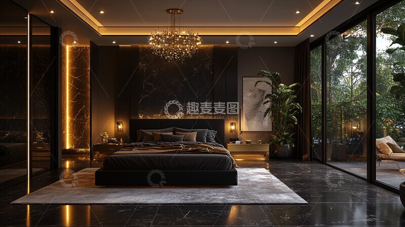 高清大图下载【趣麦麦图】黑色床铺金色床头柜1