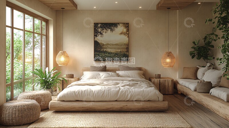 高清大图下载【趣麦麦图】木床木桌绿植装饰