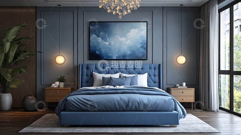 高清大图下载【趣麦麦图】蓝色床铺简约卧室7