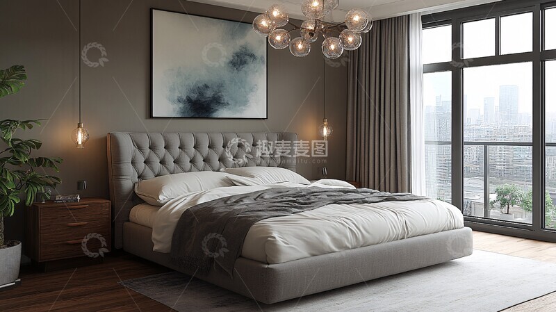 高清大图下载【趣麦麦图】灰色床实木床头柜