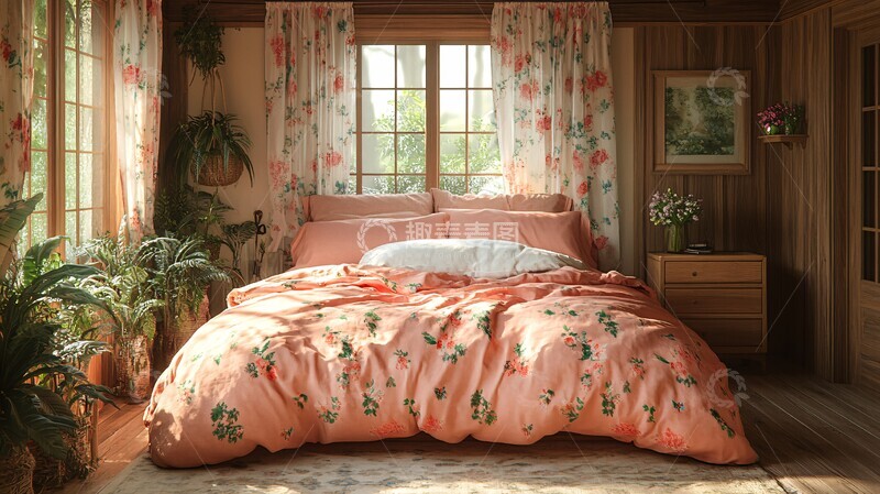 高清大图下载【趣麦麦图】粉色床与木质床头柜3