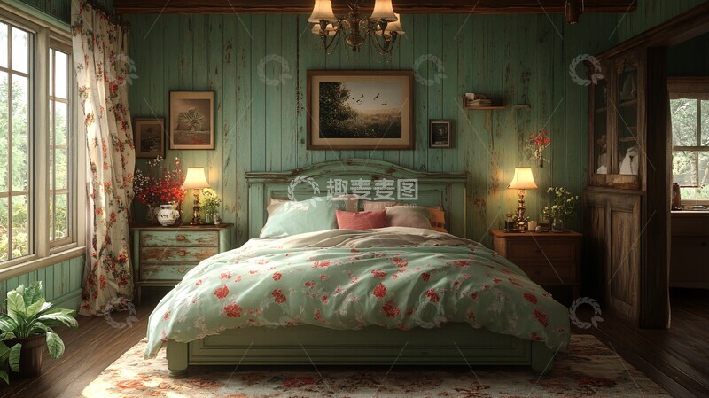 高清大图下载【趣麦麦图】绿色床铺木质床头柜1