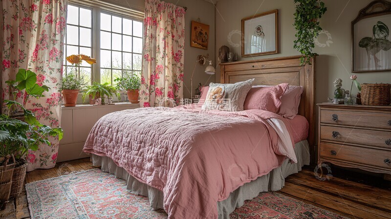 高清大图下载【趣麦麦图】粉色床与木质床头柜4