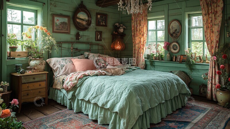 高清大图下载【趣麦麦图】绿色床铺木质床头柜