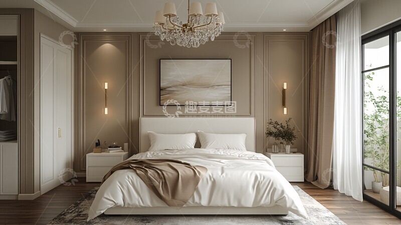 高清大图下载【趣麦麦图】白色床与木地板10
