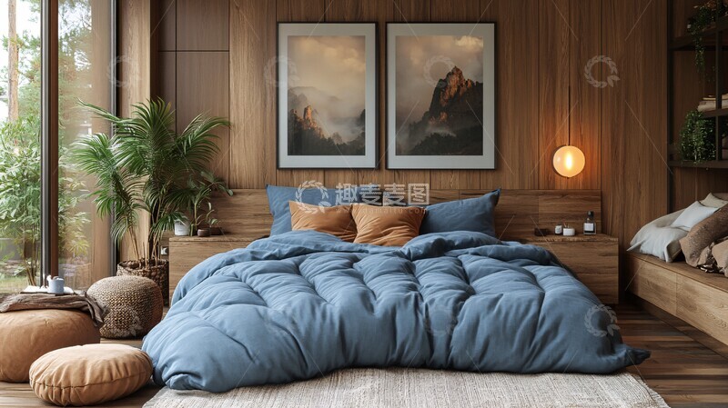 高清大图下载【趣麦麦图】蓝色床铺简约卧室11