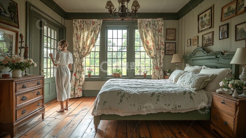 高清大图下载【趣麦麦图】绿色床铺木质床头柜2