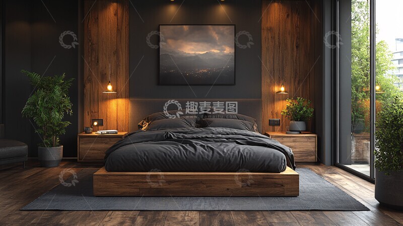 高清大图下载【趣麦麦图】暗灰木床简约风3