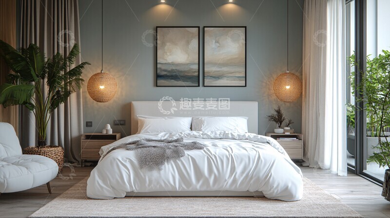 高清大图下载【趣麦麦图】白色床与木地板7