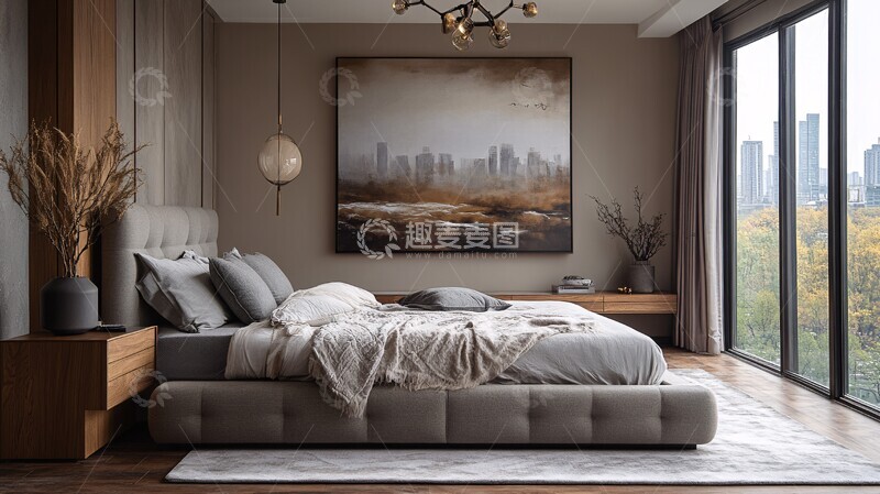 高清大图下载【趣麦麦图】灰色床木质床头柜6