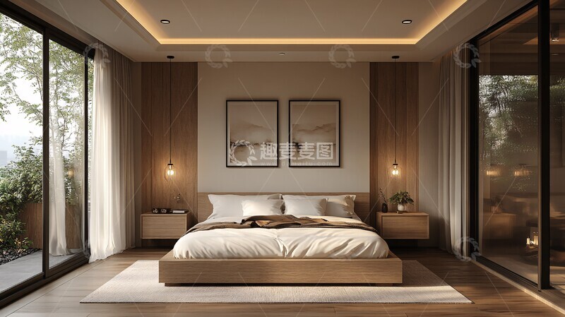 高清大图下载【趣麦麦图】白色床与木地板9