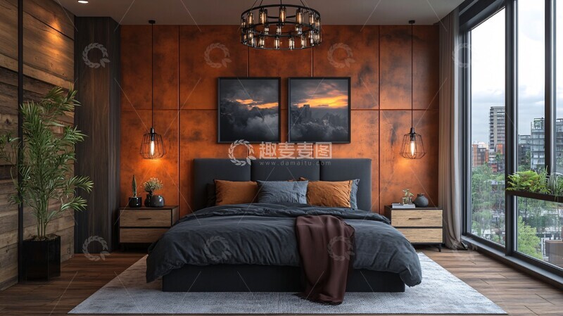 高清大图下载【趣麦麦图】-黑色床木质床头柜8