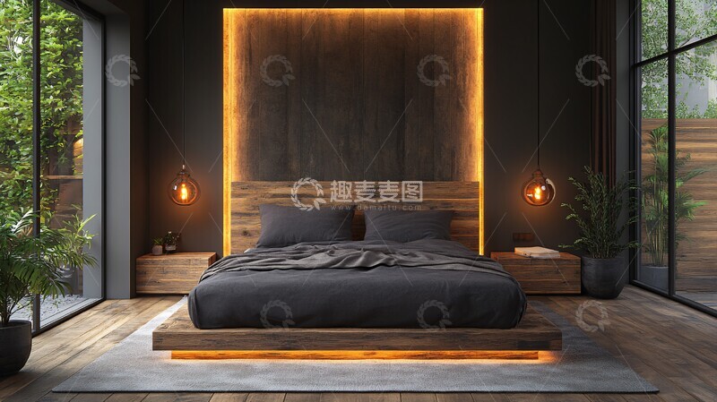 高清大图下载【趣麦麦图】暗灰木床简约风2