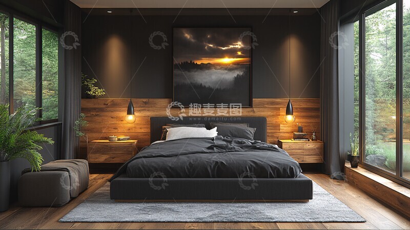 高清大图下载【趣麦麦图】暗灰木床简约风