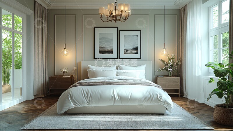 高清大图下载【趣麦麦图】白色床与木地板8