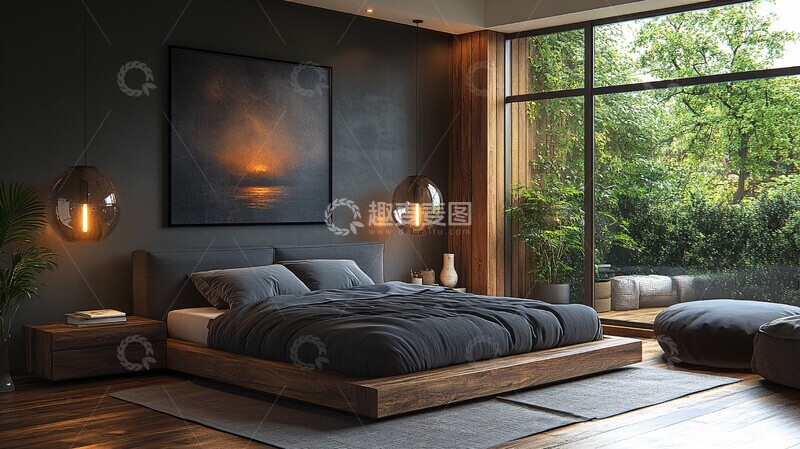 高清大图下载【趣麦麦图】暗灰木床简约风1