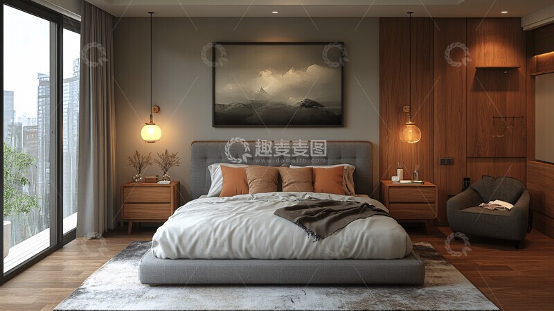 高清大图下载【趣麦麦图】灰色床木质床头柜4