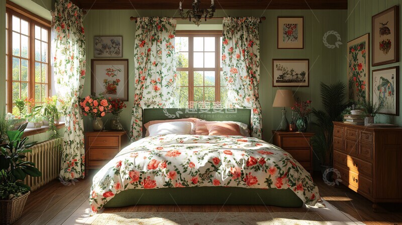 高清大图下载【趣麦麦图】绿色床铺木质床头柜3