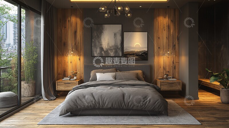高清大图下载【趣麦麦图】灰色床木质床头柜5